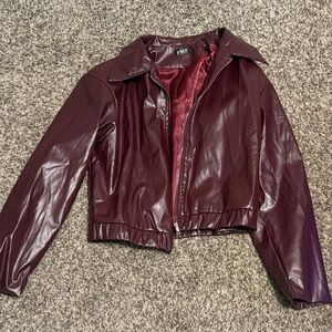 SHEIN Women's Burgundy Faux Leather Bomber Jacket